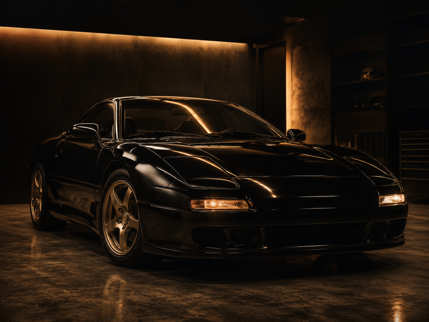 Coupé deportivo japonés de los años 90, iluminación cálida y cinematográfica
